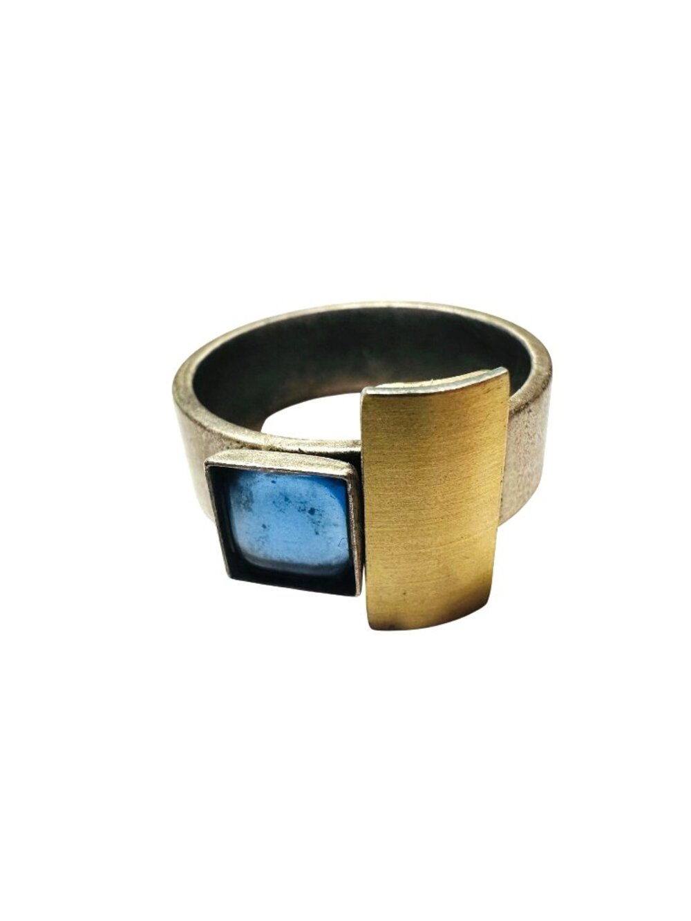 Christophe Poly Modernist Brass & Silver-Tone Ring with Blue Stone Size 8.5